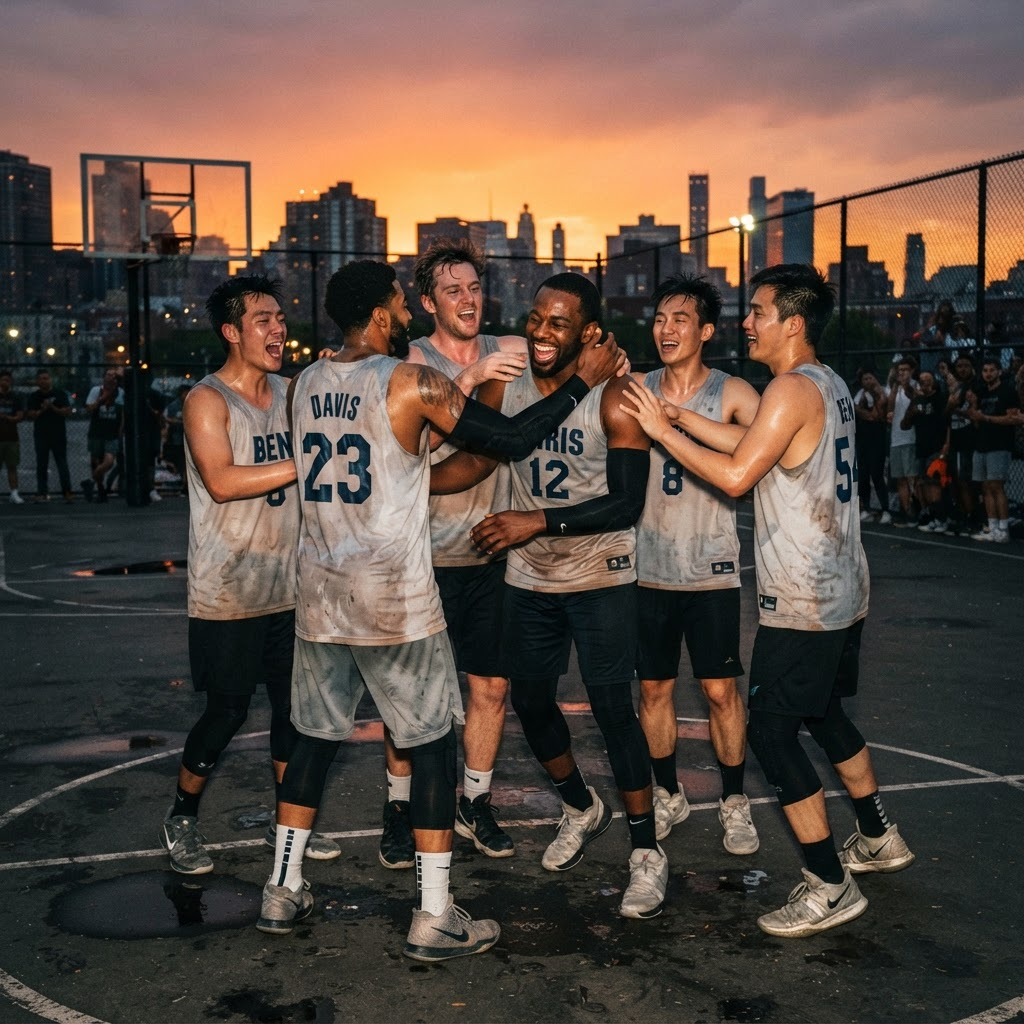 Basketball team together on court